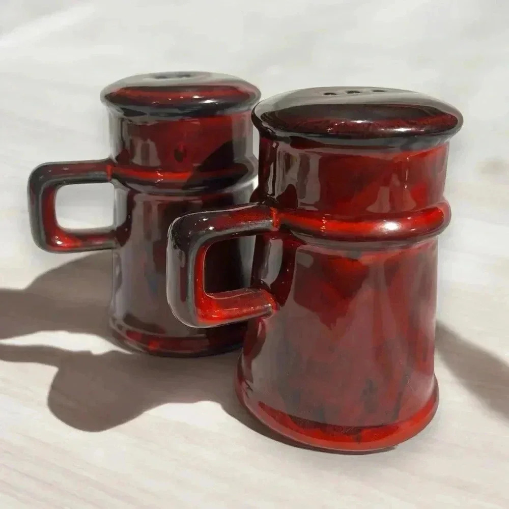 Vintage Large Red and Black Glazed Ceramic Seasoning Shakers